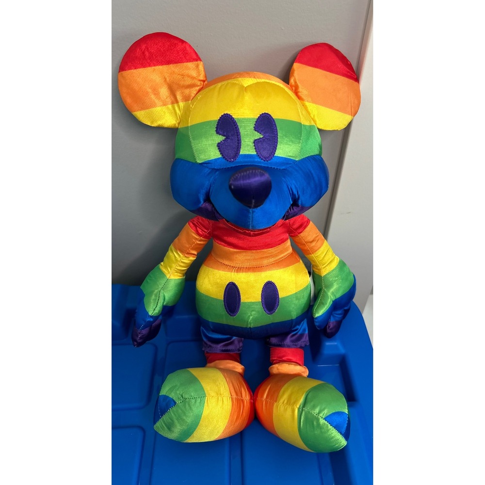 Disney Pride Collection Mickey Mouse Rainbow Stripe Satin Plush Stuffed Toy 16in